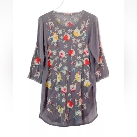 Johnny Was Tops - JOHNNY WAS Playa Tunic Women’s Large Gray Embroidered Top Rayon Blouse Boho